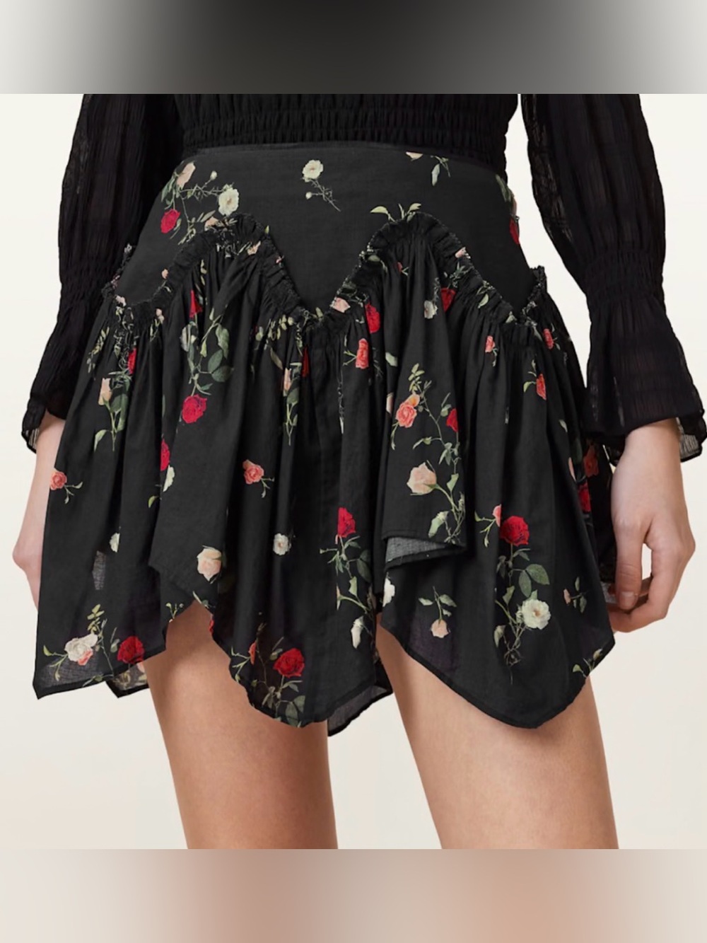 AllSaints Magnolia Deliah Black Asymmetrical Floral Mini Skirt